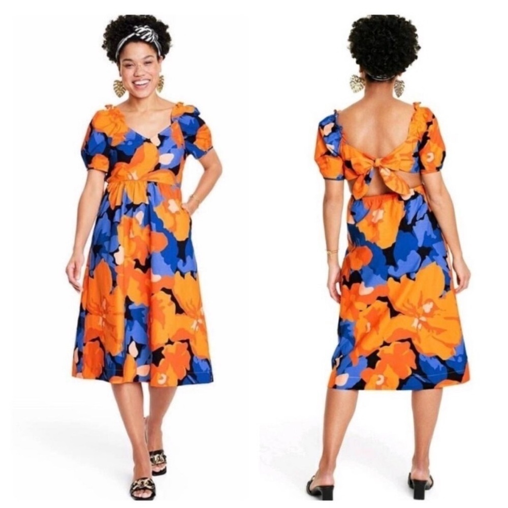 Tabitha Brown Floral Midi Dress Size 4 Orange Blue Puff Sleeve Cottagecore